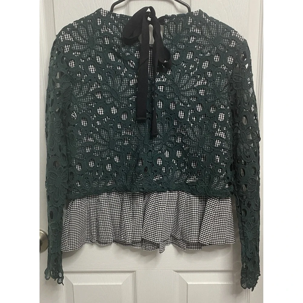 Anthropologie Maeve Gabriella Top Dark Green Lace Peplum Gingham Boho Shirt S